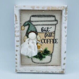 Wooden Framed Fuzzy Beard 3D Gnome But First Coffee Sequin Wall Art NEW